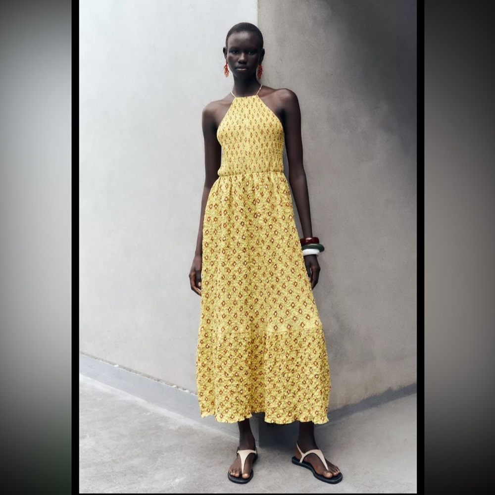 Zara Yellow Halter Neck Midi Dress, size Medium, cotton stretch